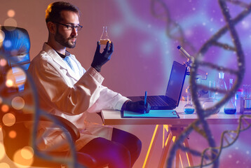 Studying genetic mutation. Male laboratory assistant near DNA helix. Work genetic mutation....