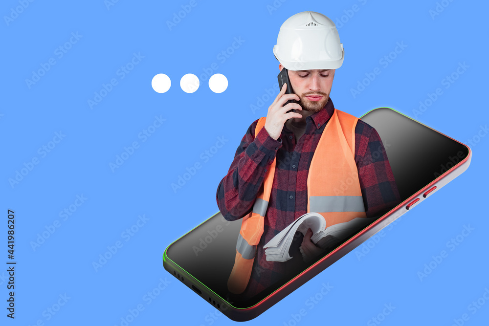 Aufkleber architect builder talking to customer. man builder is talking on the phone. collage with man in unif
