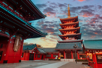Asakusa Shrine in Tokyo. Traditional pagoda in Japan. Sensoji temple at sunset. Streets of Asakusa...