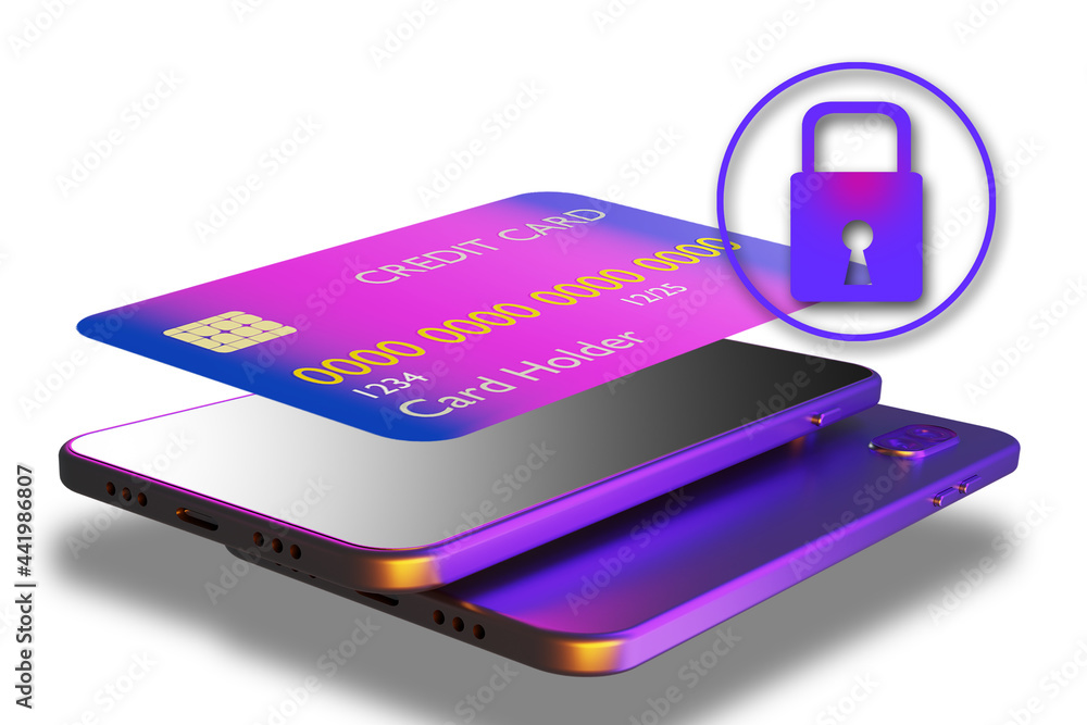 Aufkleber online payment security concept. credit card near smartphone. lock symbolizes security of payment. a