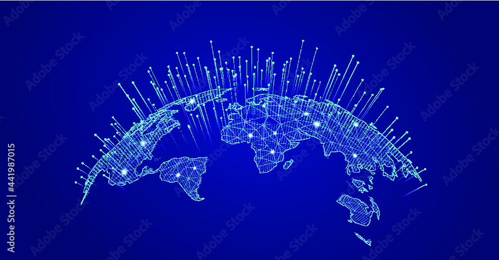 Poster dots and lines connect the global interconnection of earth-rising rays to the concept of internation