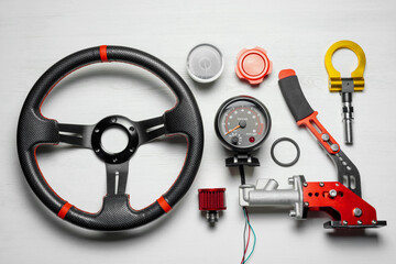 Car tuning gear concept flat lay background. Motorsport equipment.
