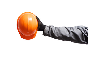 A hardhat in the builder construction worker hand isolated on the white background.