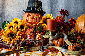 Halloween scene with jack o lantern candy corn and snake