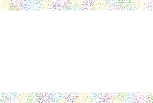 花火　夏　水彩　カラフル　背景　ポストカード　横/ Hand-Drawn Watercolor Colorful Summer Fireworks Festival Postcard - Horizontal - Vector Image