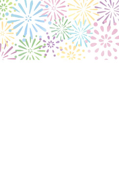 花火　夏　水彩　カラフル　背景　ポストカード　縦/ Hand-Drawn Watercolor Colorful Summer Fireworks Festival Postcard - Vertical - Vector Image