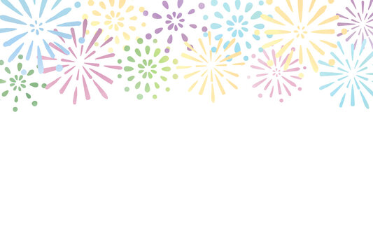 花火　夏　水彩　カラフル　背景　ポストカード　横/ Hand-Drawn Watercolor Colorful Summer Fireworks Festival Postcard - Horizontal - Vector Image