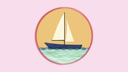 Vector icon illustration in watercolor style boat sailboat. Blue sailboat with white sails on blue waters icon for highlights social networks button for stories for website decoration.