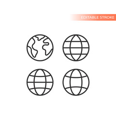 Globe web line vector icon set. Planet earth outline, editable stroke.