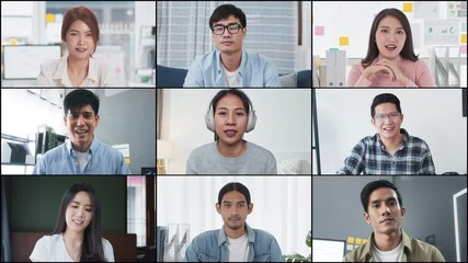 Group of young Asian business people, office coworker on video online conference call, remote team meeting. Work from home, internet communication technology, coronavirus social distancing lifestyle - Powered by Adobe