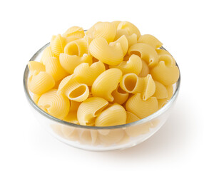 Dried pipe rigate pasta in glass bowl isolated on white background with clipping path