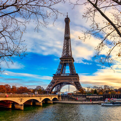 Fototapeta na wymiar Autumn view over the Seine river with bridge and view towards the Eiffel Tower