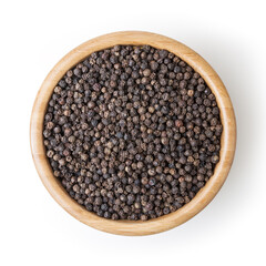 Black peppercorn in wooden bowl isolated on white background with clipping path