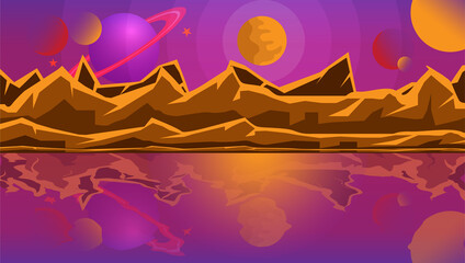 Beautiful fantasy landscape vector illustration background with mountain, water, water reflection, sky and planets.