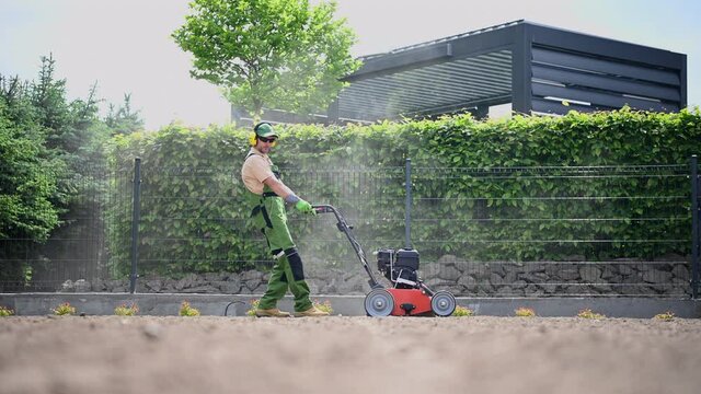 Gasoline Lawn Aerator in Action