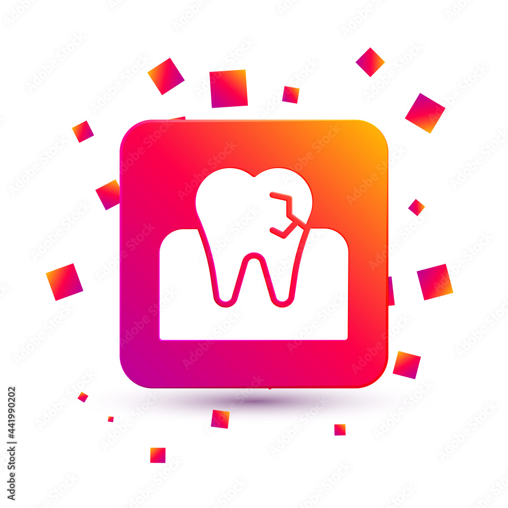 Poster white tooth with caries icon isolated on white background. tooth decay. square color button. vector