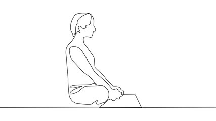 Yoga, woman, man practices yoga while sitting in the lotus position. Continuous line drawing
