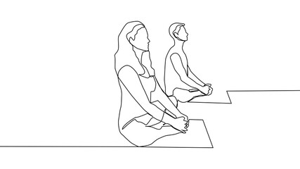 Yoga, woman, man practices yoga while sitting in the lotus position. Continuous line drawing