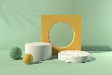 3D render of minimal podiums and geometric shapes with shadow of the tropical plants