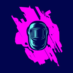 Welder helmet melting industrial protection line pop art potrait logo colorful design with dark background. Abstract vector illustration