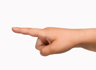 Children hand showing index finger gesture, isolated, white background