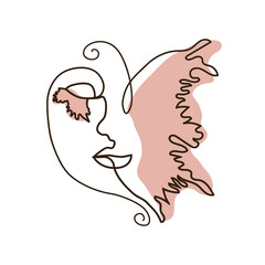 abstract face with butterfly one line drawing. Portret minimalistic style