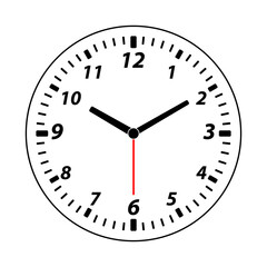 Simple analogue wall clock vector illustration, black on white, with red seconds hand 