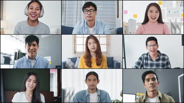 Group Of Young Asian Business People, Office Coworker On Video Online Conference Call, Remote Team Meeting. Work From Home, Internet Communication Technology, Coronavirus Social Distancing Lifestyle