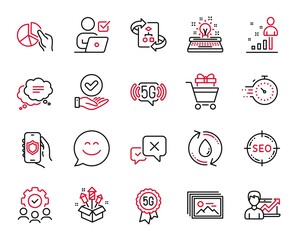 Vector Set of Business icons related to Shopping trolley, Pie chart and Text message icons. Success business, Typewriter and Stats signs. 5g technology, Technical algorithm and Timer. Seo. Vector