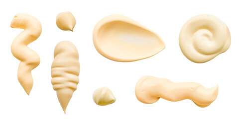 Mayonnaise drop and splash sets. White sause isolated stain top view. Elements for design in food...