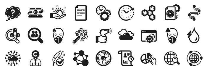 Set of Science icons, such as Document, Pie chart, Chemistry lab icons. Cloud network, Time change, Coronavirus vaccine signs. Integrity, Internet search, Copywriting notebook. Seo gear. Vector