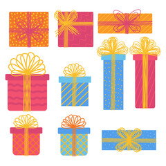 Gift boxes, presents icon set. Hand drawn doodle collection. Sale shopping concept. Birthday Party Christmas