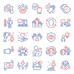 People icons set. Included icon as Clean hands, Outsource work, Hand washing signs. Voting hands, Global business, Buyers symbols. Hold heart, Face id, Lawyer. Electronic thermometer. Vector