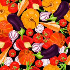 Seamless pattern on a black background on a vegetable theme: different colored vegetables are mixed with each other. Beetroot, pepper, avocado, greens, eggplant, carrots, tomatoes - 441993414