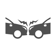 Monochrome simple road accident icon vector flat illustration. Cars crash with broken damage