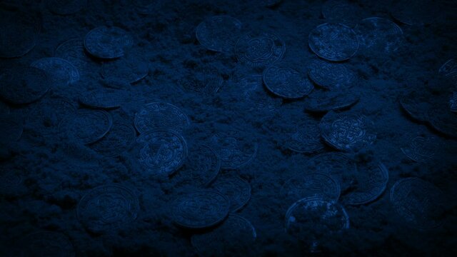 Gold Coins In The Sand After Shipwreck In The Dark