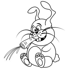 Funny, unusual, crazy rabbit with a carrot coloring book. An illustration of a pet on a white background.