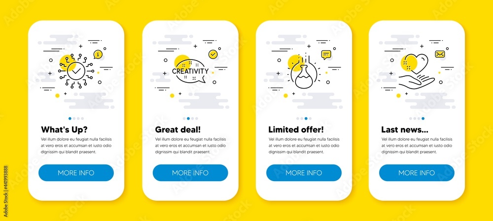 Poster vector set of creativity, security network and chemistry experiment line icons set. ui phone app scr