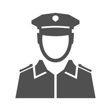 Monochrome Simple Police Officer Icon Vector Flat Illustration. Portrait Of Policeman In Uniform