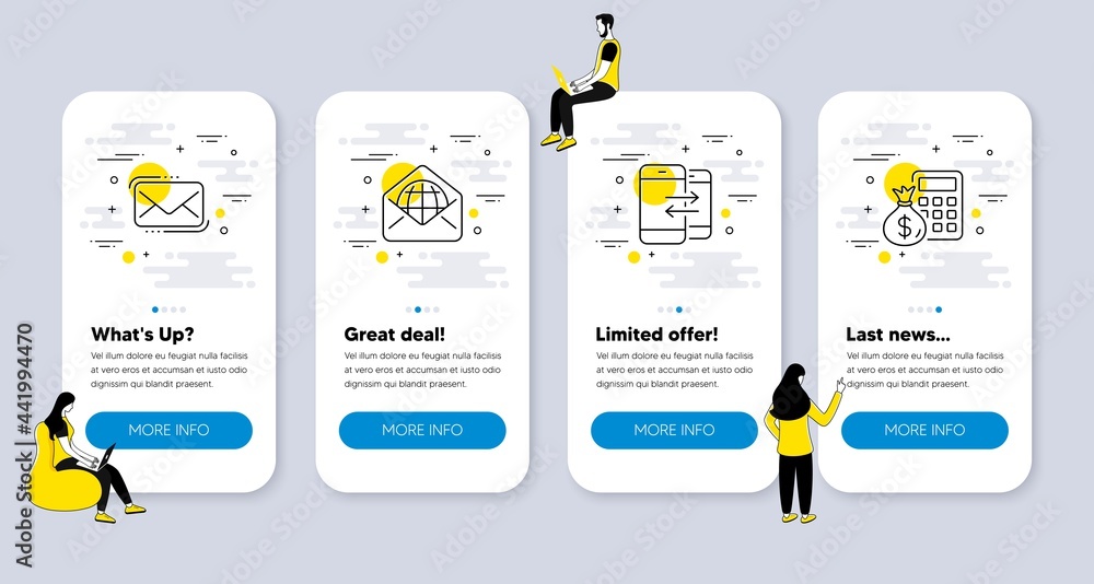 Poster vector set of line icons related to phone communication, web mail and messenger mail icons. ui phone