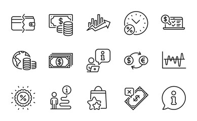 Finance icons set. Included icon as Online accounting, Payment, Payment methods signs. Loyalty points, Currency exchange, Loan percent symbols. Discount, Stock analysis, Budget line icons. Vector