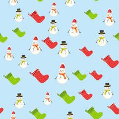 Seamless pattern with cute cartoon Christmas snowman, candy cane, holly berries and red stocking with xmas tree