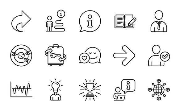 Line icons set. Included icon as Next, Luggage, Human signs. Dating, Trophy, Targeting symbols. Identity confirmed, Education, Share. Feedback, Stock analysis, Logistics network. Vector