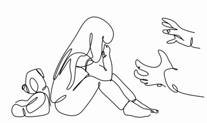 a linear drawing of a girl with a toy and men's hands threatening a child, the concept of domestic violence against children.