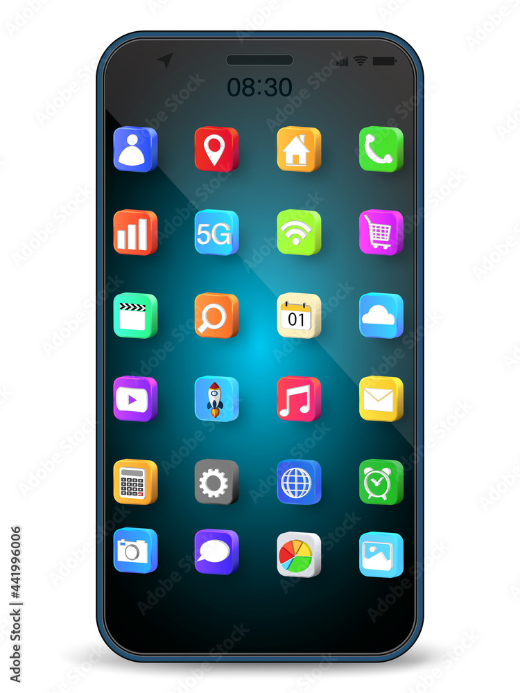 Poster application on mobile, smartphone with application icons isolated on white background as new technol