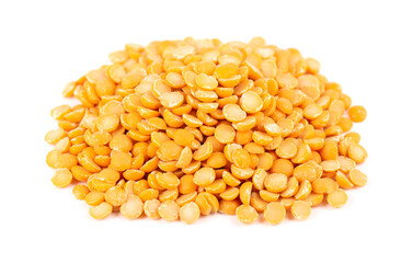 Dry yellow split peas isolated on white background. Halves of yellow legume peas.