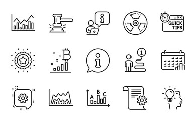 Education icons set. Included icon as Trade chart, Chemical hazard, Quick tips signs. Winner star, Infochart, Judge hammer symbols. Survey results, Cogwheel, Calendar graph. Idea. Vector