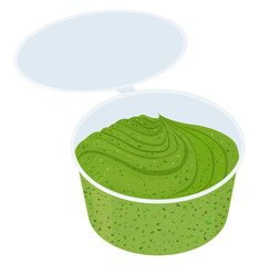 Green pesto sauce in small plastic bowl on white background, delicious cartoon food condiment. Vector illustration.