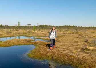 Naklejka na ściany i meble swamp landscape with blue sky and water, woman enjoys swamp landscape, hike with snowshoes in swamp, traditional swamp plants, mosses and trees, bog in summer