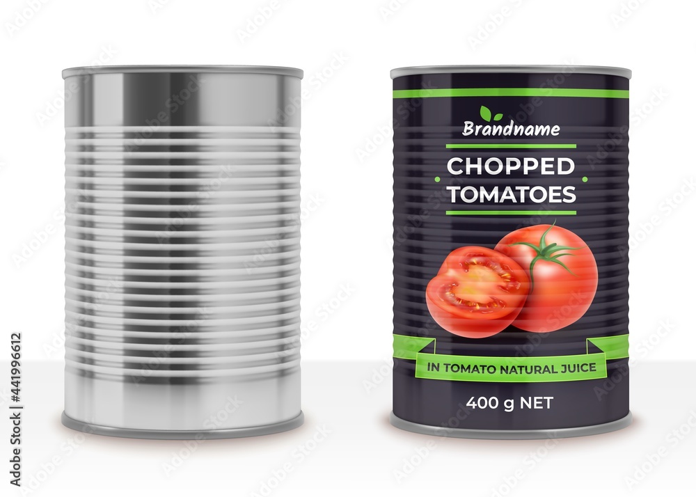 Poster realistic detailed 3d canned tomatoes empty can and label set. vector